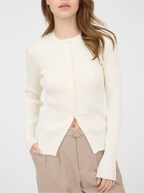 Ribbed Split Hem Button Down Knit Top